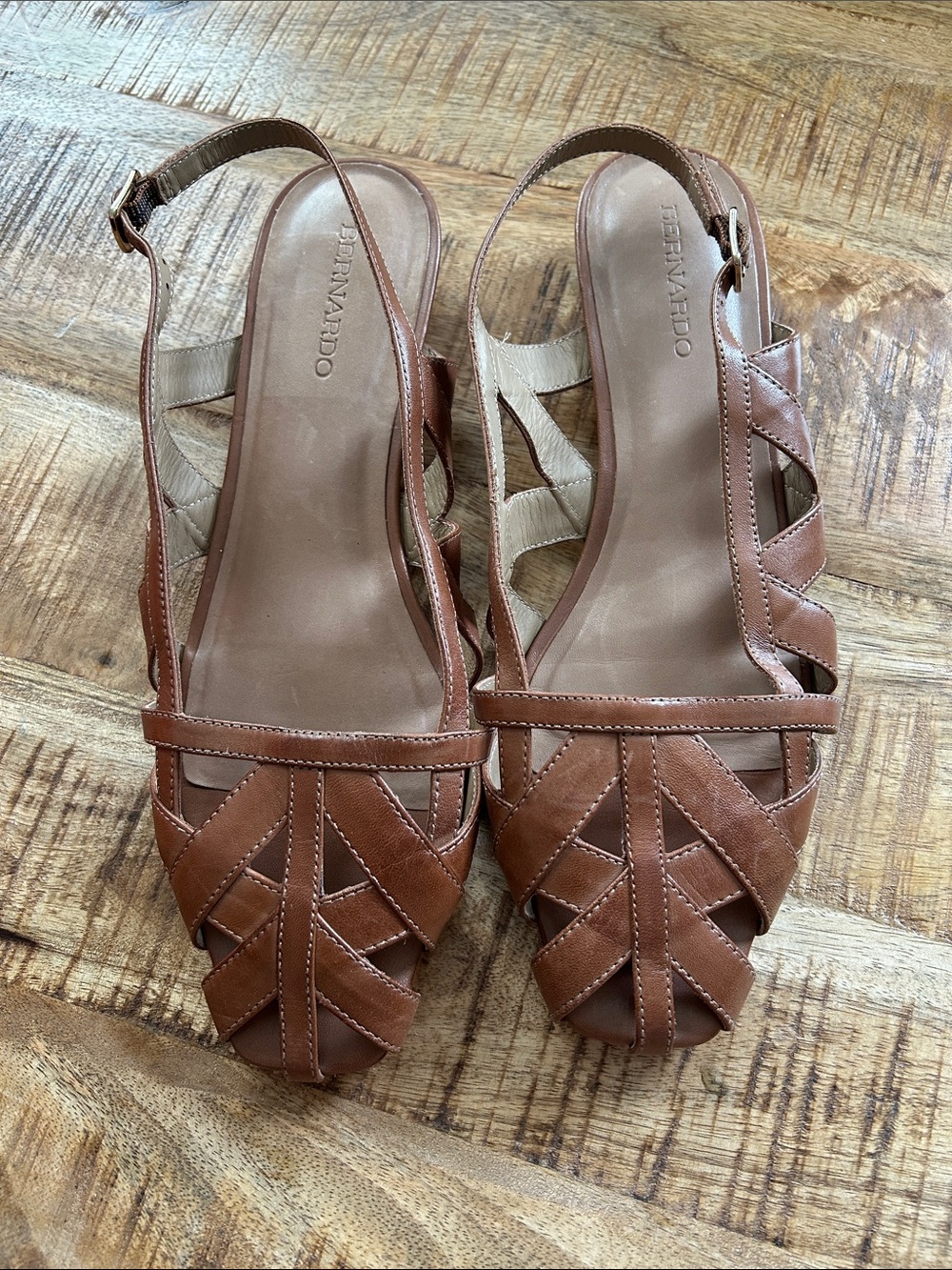 Bernardo Tan Leather Woven Slingback Sandals